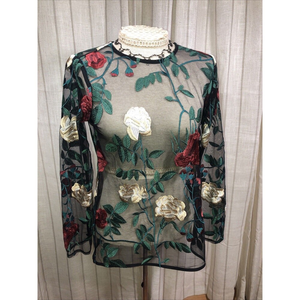 Ultra Pink Women’s Sm.  Black Rose Floral Embroidered Mesh Tulle Crew Neck  Top